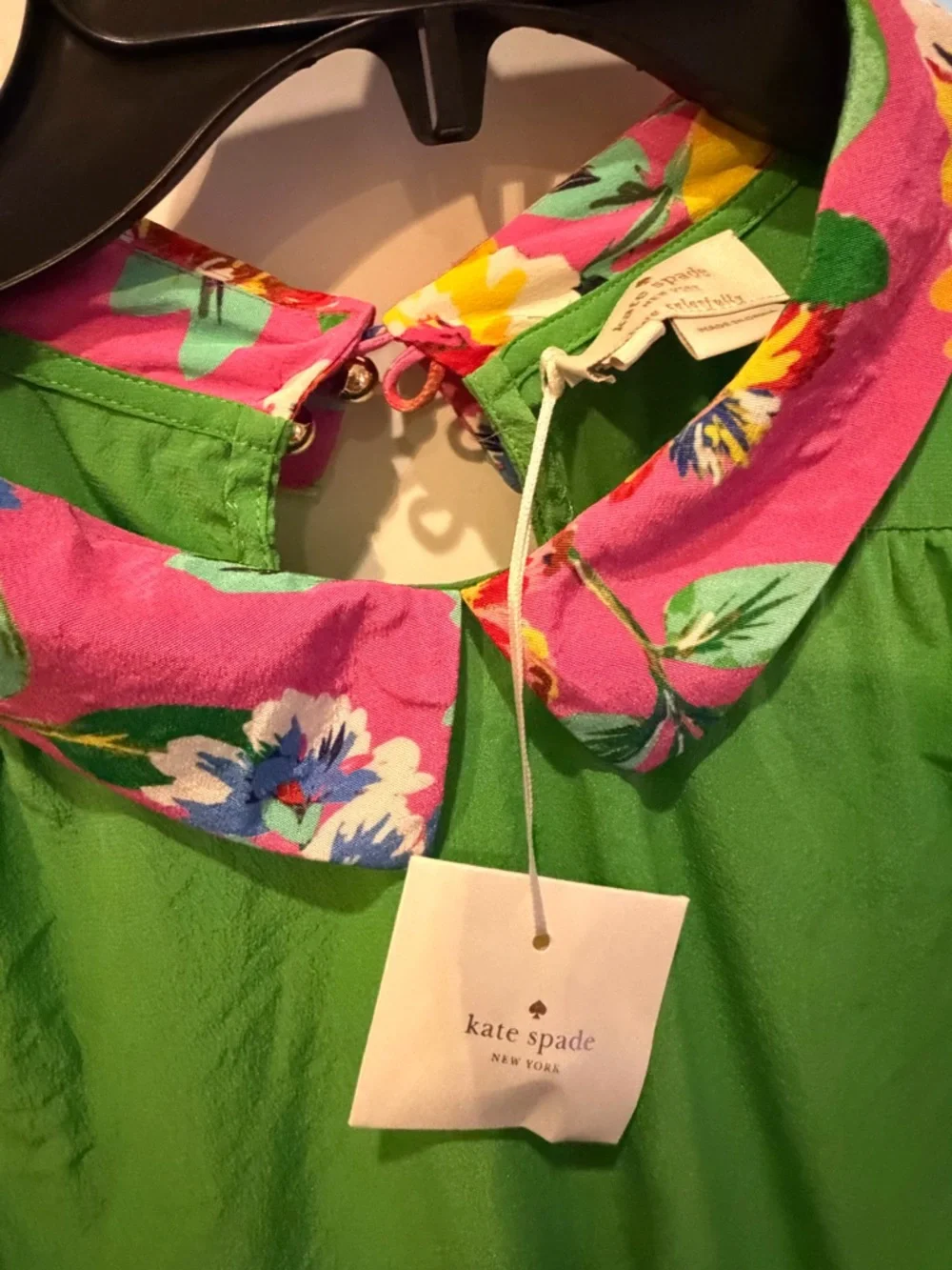 Green Short-Sleeve Top with Pink Floral Collar Kate Spade